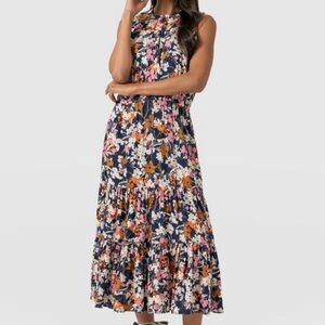 Saint + Sofia ORLA Floral Tired Midi Dress Navy Blue & Cream 4 NWT